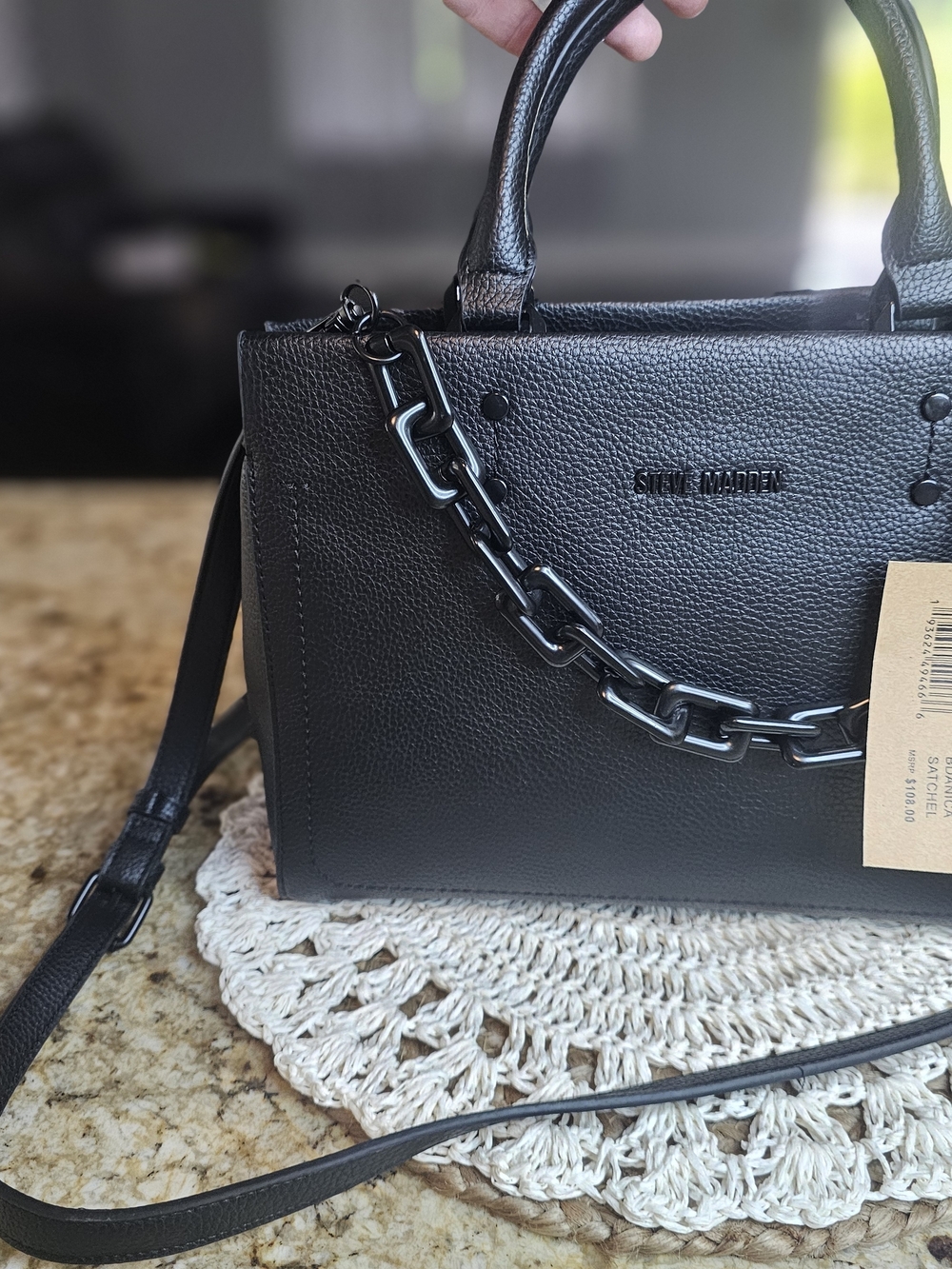 NEW Steve Madden Black Leather Chain Accent Satchel